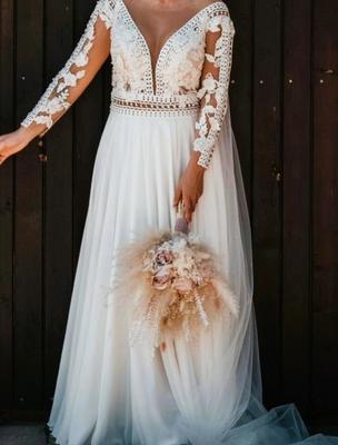 Romantické/ boho svadobné šaty s 3D čipkou MILLA NOVA veľkosť 36/38 - Obrázok č. 1